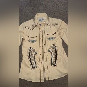 Panhandle Slim Retro Western Shirt S – Embroidered Headdress & Rhinestones